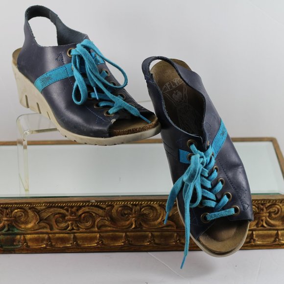Vintage Fly Girl Blue Leather Peep Toe Wedges - Picture 2 of 15